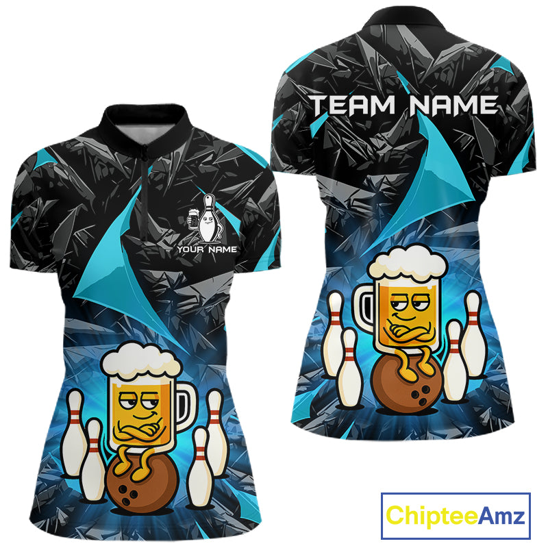 Custom Turquoise Funny Beer Bowling Jersey for Women Bowling Team Shirts Polo & 1/4 Zip HNT503