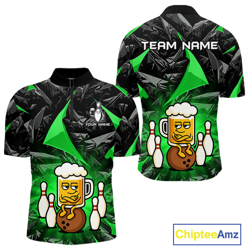 Custom Green Funny Beer Bowling Jersey for Men Bowling Team Shirts Polo & 1/4 Zip HNT503