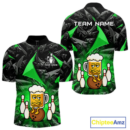 Custom Green Funny Beer Bowling Jersey for Men Bowling Team Shirts Polo & 1/4 Zip HNT503