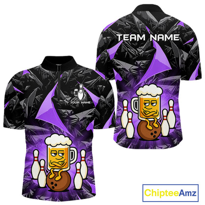 Custom Purple Funny Beer Bowling Jersey for Men Bowling Team Shirts Polo & 1/4 Zip HNT503