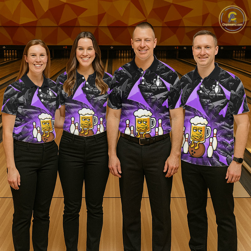 Custom Purple Funny Beer Bowling Jersey for Men Bowling Team Shirts Polo & 1/4 Zip HNT503