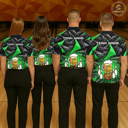 Custom Green Funny Beer Bowling Jersey for Men Bowling Team Shirts Polo & 1/4 Zip HNT503