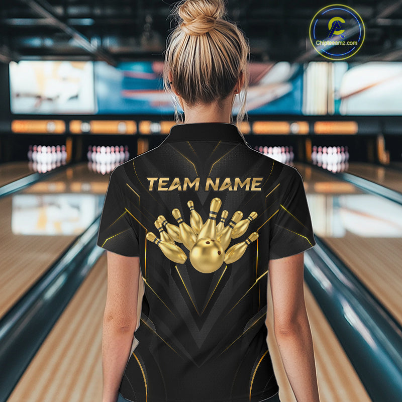 Custom Gold Bowling Jersey for Women Bowling Team Shirts Bowling League Polo & 1/4 Zip HNT504