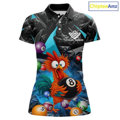 Custom Turquoise Funny Chicken 8 Ball & 9 Ball Billiard Shirt for Women Billiard Team Jerseys NNT190