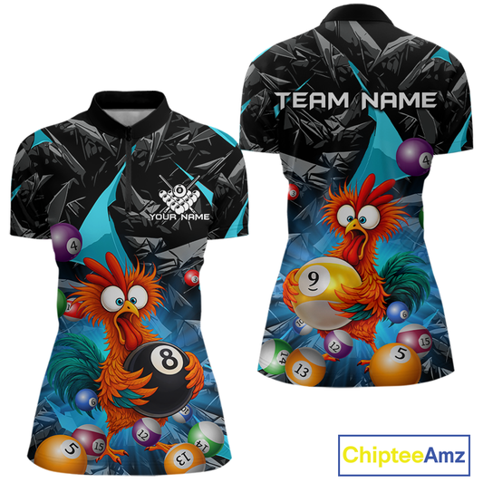 Custom Turquoise Funny Chicken 8 Ball & 9 Ball Billiard Shirt for Women Billiard Team Jerseys NNT190