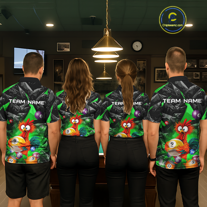 Custom Green Funny Chicken 8 Ball & 9 Ball Billiard Shirt for Women Billiard Team Jerseys NNT190