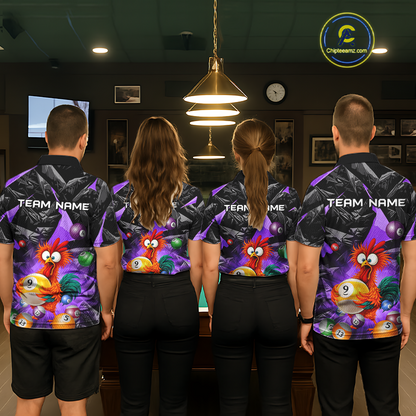 Custom Purple Funny Chicken 8 Ball & 9 Ball Billiard Shirt for Men Billiard Team Jerseys NNT190