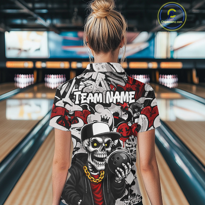 Person wearing a colorful shirt with a skull design in a bowling alley.