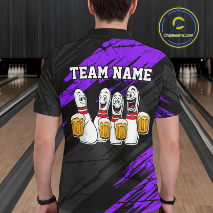 Custom Purple Funny Bowling Tournament Jersey for Men Bowling Team Shirts Polo & 1/4 Zip HNT178