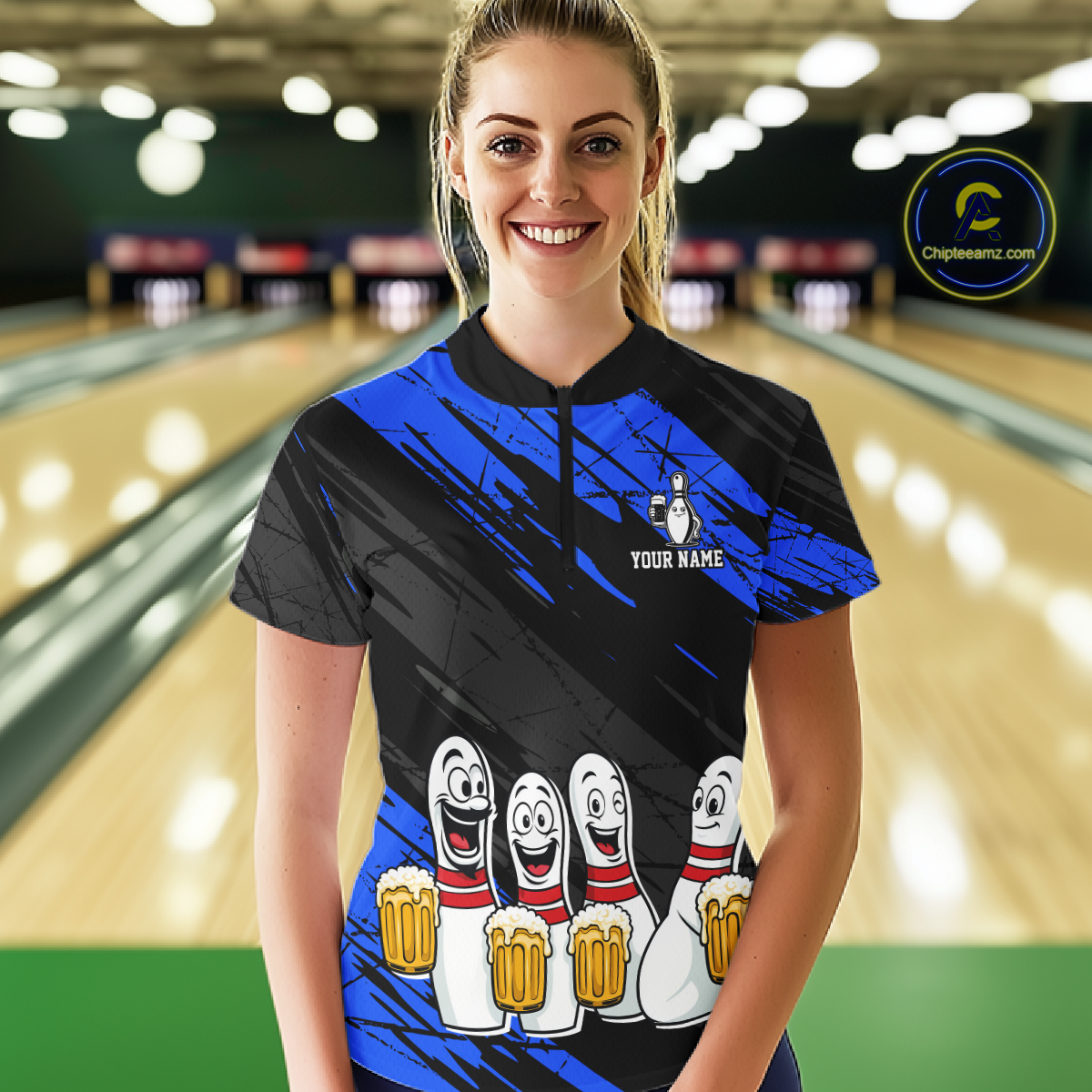 Custom Blue Funny Bowling Tournament Jersey for Women Bowling Team Shirts Polo & 1/4 Zip HNT178