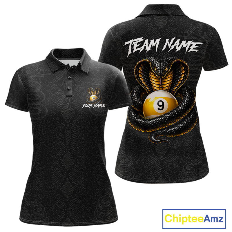 Black short-sleeve polo shirt shown from the front and back on a white background. The shirt features a subtle snakeskin pattern, a large graphic of a black and gold cobra snake wrapping around a yellow billiard 9-ball on the back, and customizable text placeholders 'TEAM NAME' and 'YOUR NAME' on the chest.