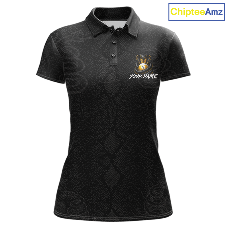 Black polo shirt with a logo and text on a white background