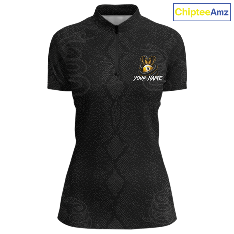 A women's short-sleeve polo shirt in black with a subtle snakeskin pattern, featuring a custom graphic on the left chest with a yellow and black snake head and the text 'YOUR NAME'. The image has a 'ChipteeAmz' logo in the top right corner.