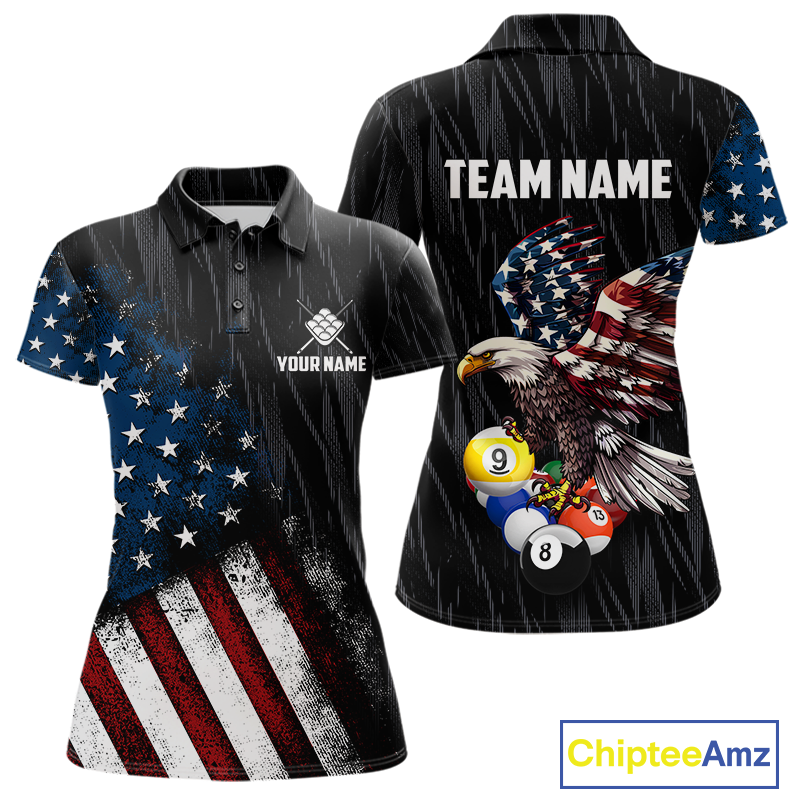 Custom short-sleeve polo shirt shown from the front and back on a white background. The shirt features a distressed American flag design with stars and stripes on a dark background, plus a large bald eagle and pool balls graphic on the back.