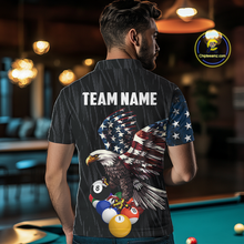 Load image into Gallery viewer, Men wearing personalized billiards polo shirt with an eagle positioned above pool balls while flag artwork flows across the black layout.