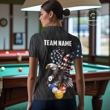 Load image into Gallery viewer, Women wearing personalized billiards polo shirt with an eagle positioned above pool balls while flag artwork flows across the black layout.