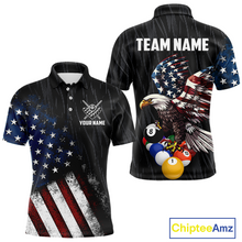 Load image into Gallery viewer, Front and back view personalized billiards polo shirt with an eagle positioned above pool balls while flag artwork flows across the black layout.