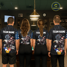 Load image into Gallery viewer, Four people wearing personalized billiards polo shirt with an eagle positioned above pool balls while flag artwork flows across the black layout.