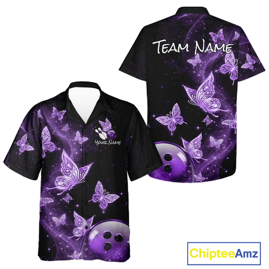 Custom Purple Galaxy Butterflies Hawaiian Bowling Jersey Bowling Team Shirts Bowling Uniform HNT277