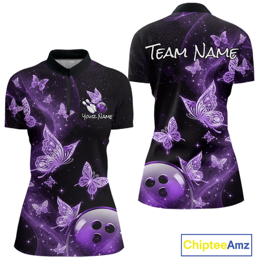 Custom Purple Galaxy Butterflies Bowling Shirt for Women Butterfly Bowling Team Jersey Bowling League HNT277