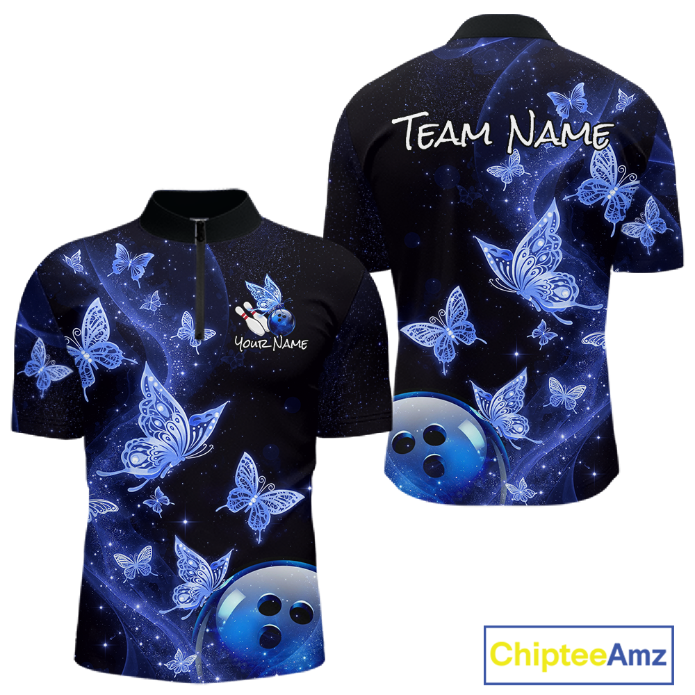 Custom Blue Galaxy Butterflies Bowling Shirt for Men Butterfly Bowling Team Jersey Bowling League HNT277