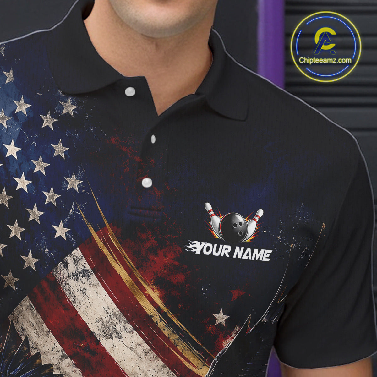 Custom Grunge US Flag Eagle Bowling Shirt for Men Bowling Uniform Bowling Team Shirts HNT318