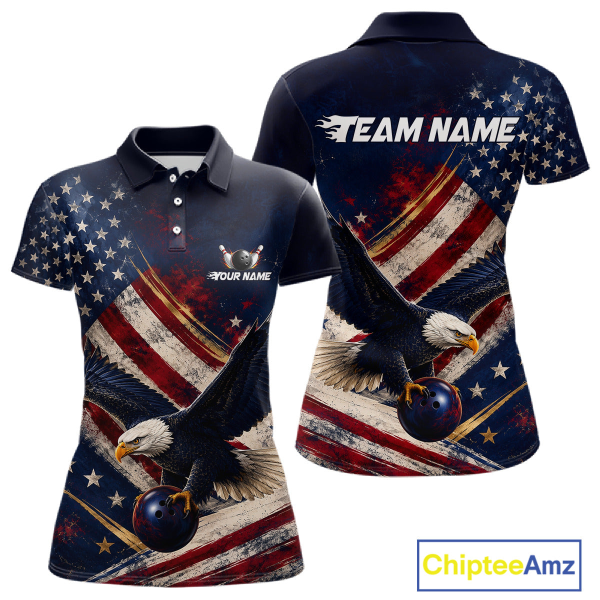 Custom us flag eagle bowling jersey for women, personalized team bowling polo shirt front view and back view.