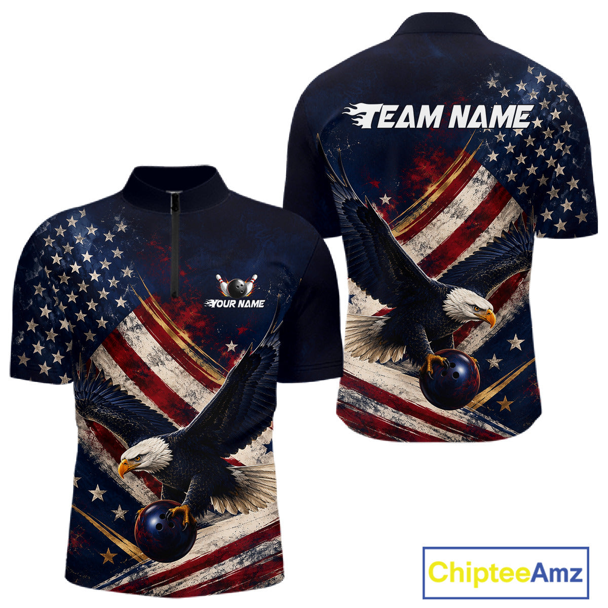 Custom us flag eagle bowling jersey for men, personalized team bowling quarter zip shirt front view and back view.