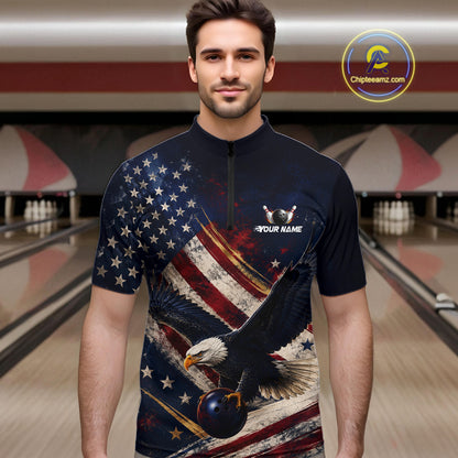 Men’s us flag eagle bowling quarter zip shirt, front view on male model in bowling lane 