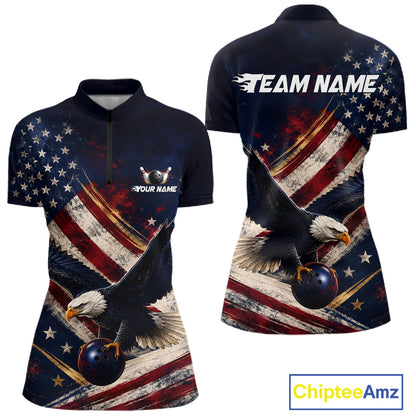 Custom us flag eagle bowling jersey for women, personalized team bowling quarter zip shirt front view and back view.