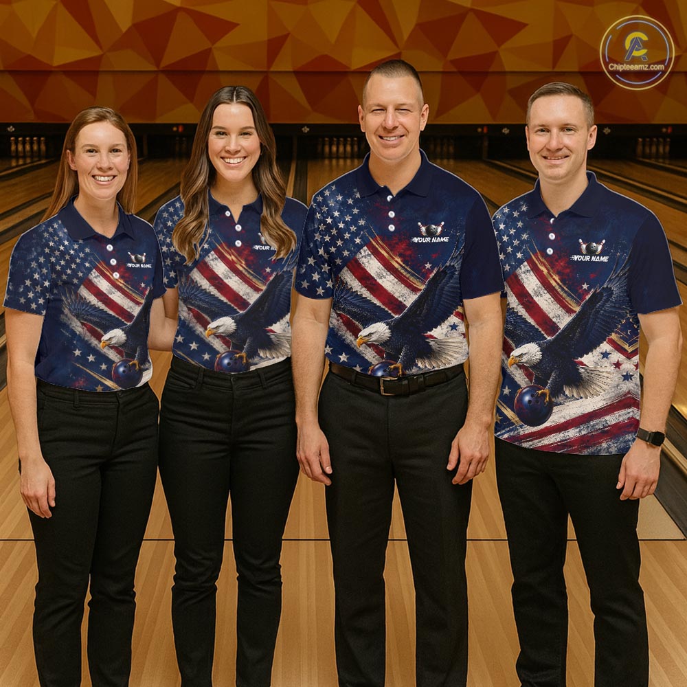 Group of bowlers in us flag eagle team shirts, personalized bowling uniforms front view.
