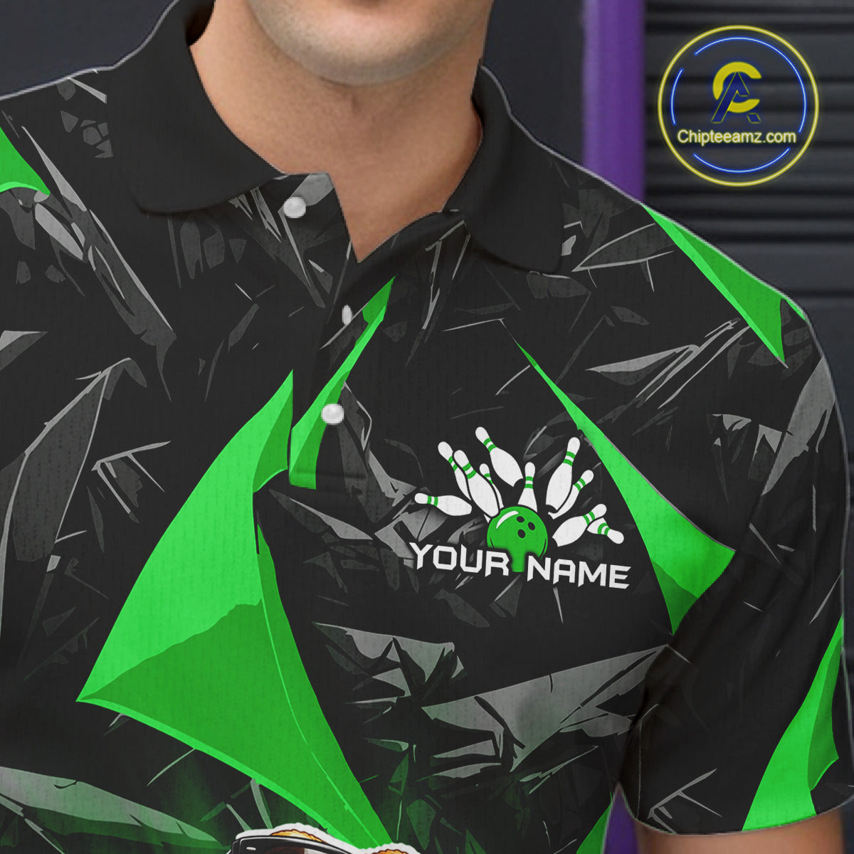 Men’s green bearded dragon bowling polo shirt with custom name, angled front view showing custom team design 