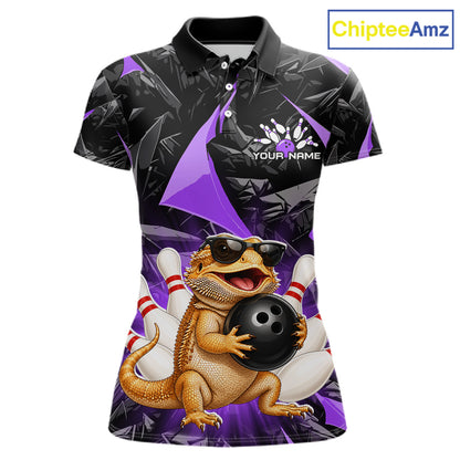 Custom purple bearded dragon bowling jersey for women, personalized team bowling polo shirt front view