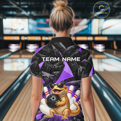 Women’s purple bearded dragon bowling polo shirt, back view on female model in bowling lane 