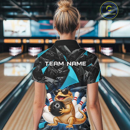 Women’s turquoise bearded dragon bowling polo shirt, back view on female model in bowling lane 