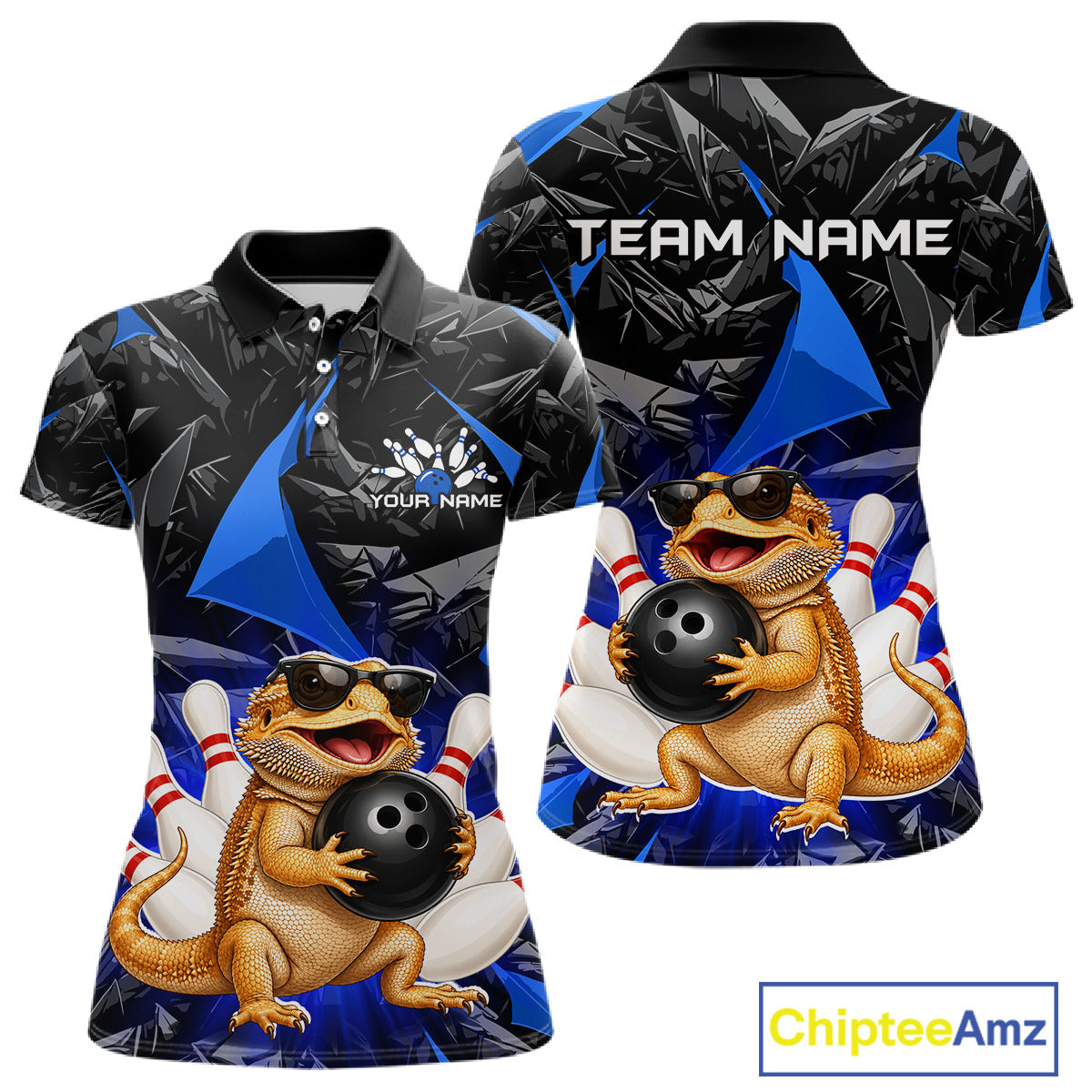 Custom blue bearded dragon bowling jersey for women, personalized team bowling polo shirt front view and back view