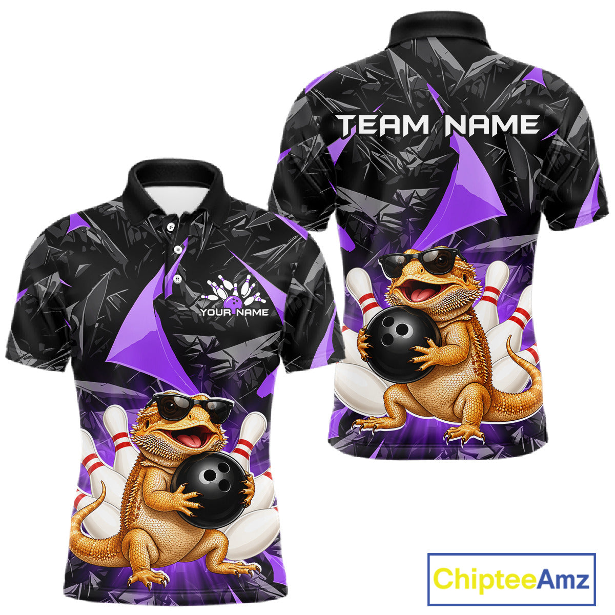 Custom purple bearded dragon bowling jersey for men, personalized team bowling polo shirt front view and back view