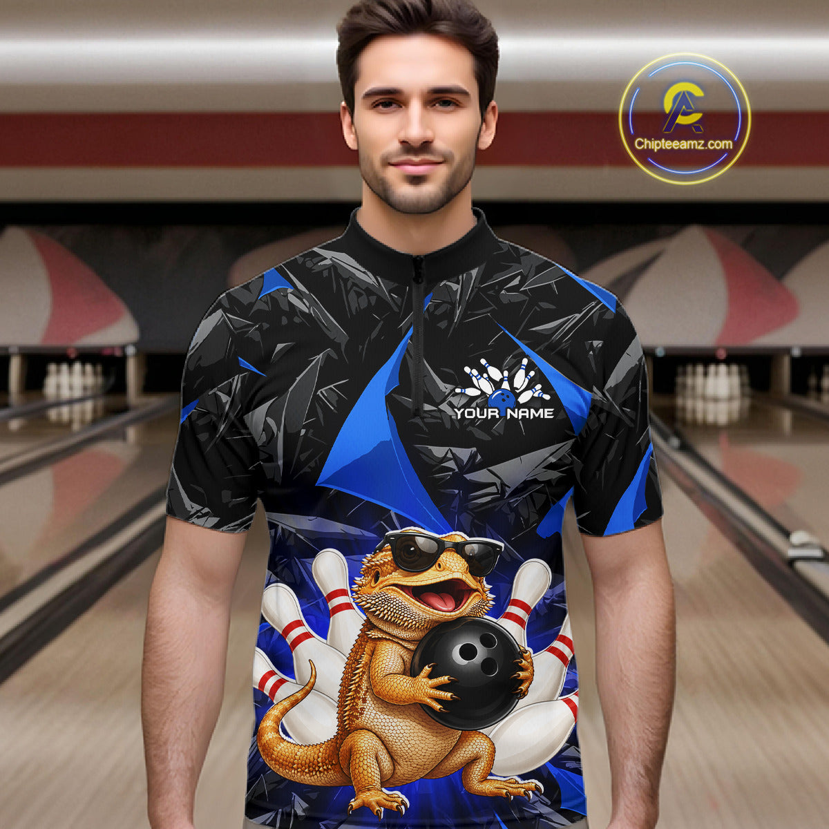Men’s blue bearded dragon bowling quarter zip shirt, front view on male model in bowling lane 