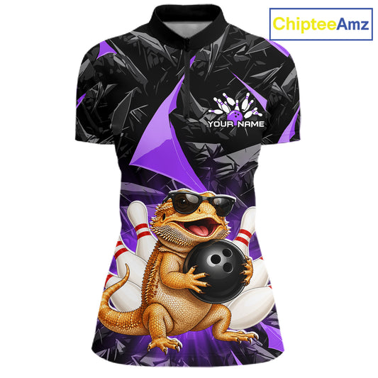 Custom purple bearded dragon bowling jersey for women, personalized team bowling quarter zip shirt front view