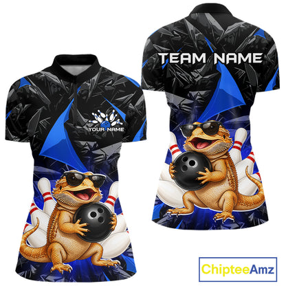 Custom blue bearded dragon bowling jersey for women, personalized team bowling quarter zip shirt front view and back view