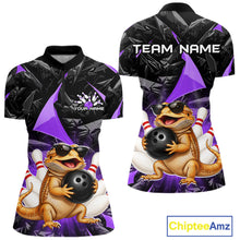 Load image into Gallery viewer, Custom purple bearded dragon bowling jersey for women, personalized team bowling quarter zip shirt front view and back view