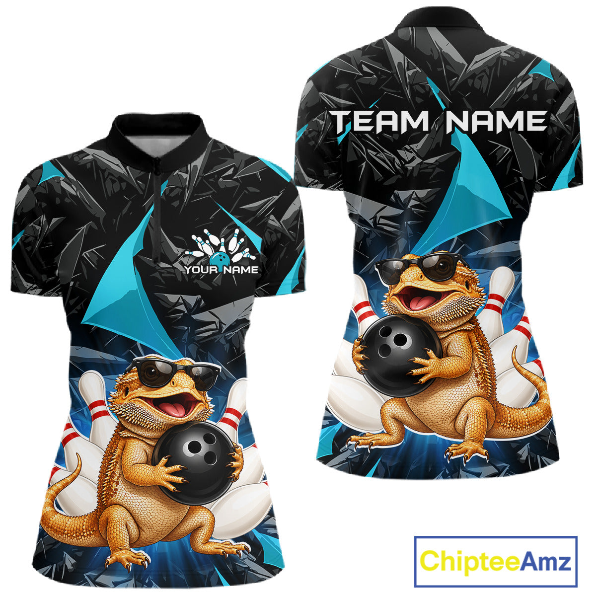 Custom turquoise bearded dragon bowling jersey for women, personalized team bowling quarter zip shirt front view and back view