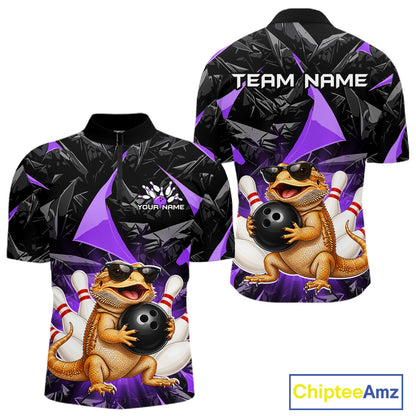 Custom purple bearded dragon bowling jersey for men, personalized team bowling quarter zip shirt front view and back view