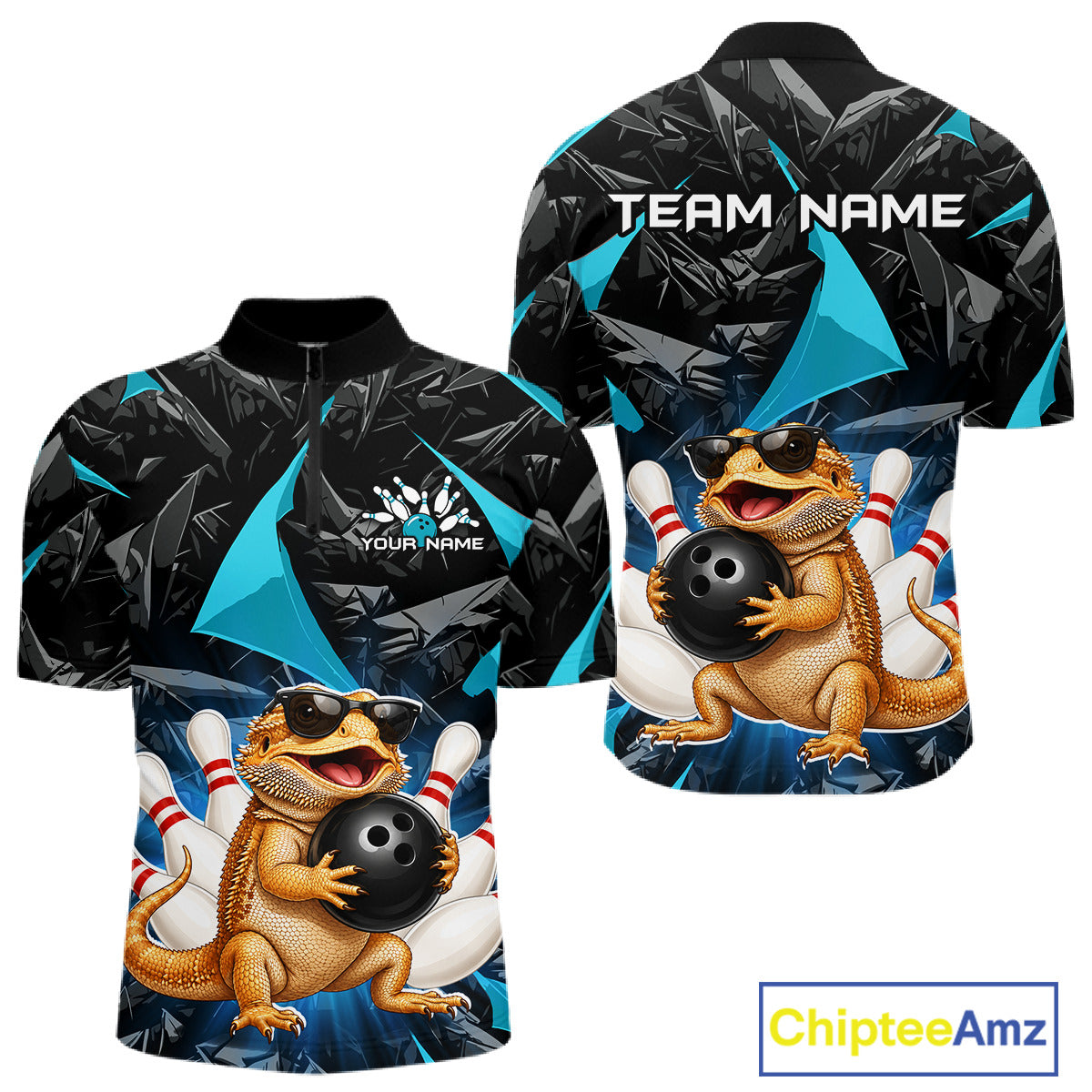 Custom turquoise bearded dragon bowling jersey for men, personalized team bowling quarter zip shirt front view and back view
