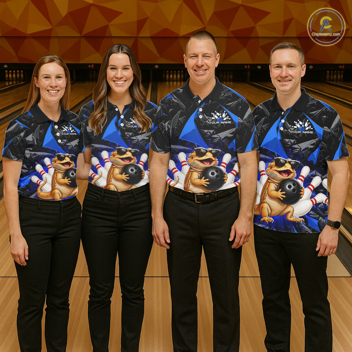 Group of bowlers in blue bearded dragon team shirts, personalized bowling uniforms front view.