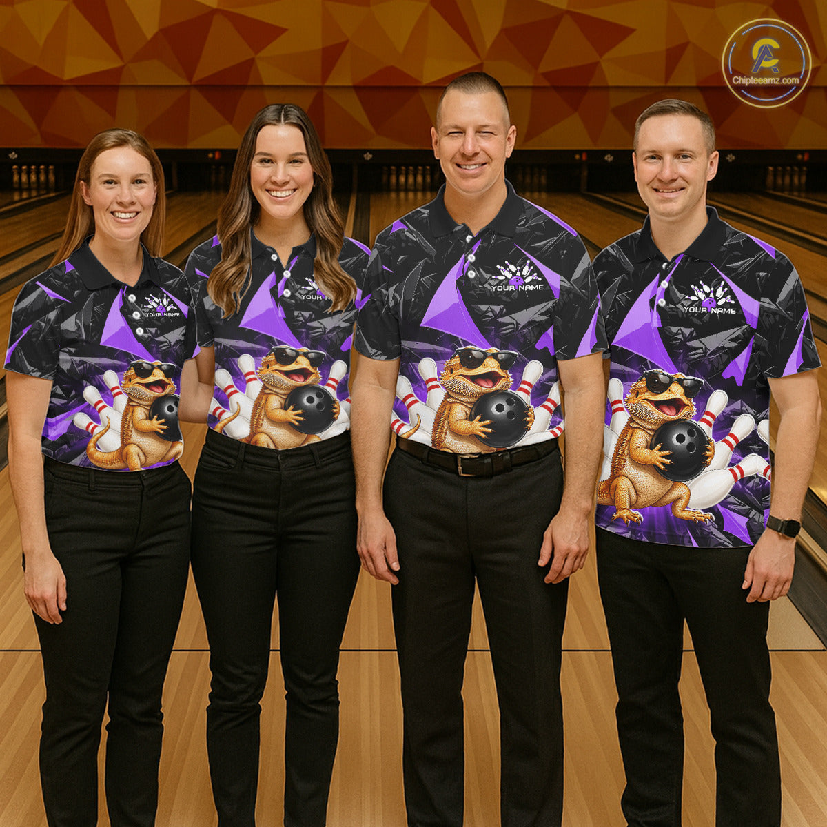 Group of bowlers in purple bearded dragon team shirts, personalized bowling uniforms front view.
