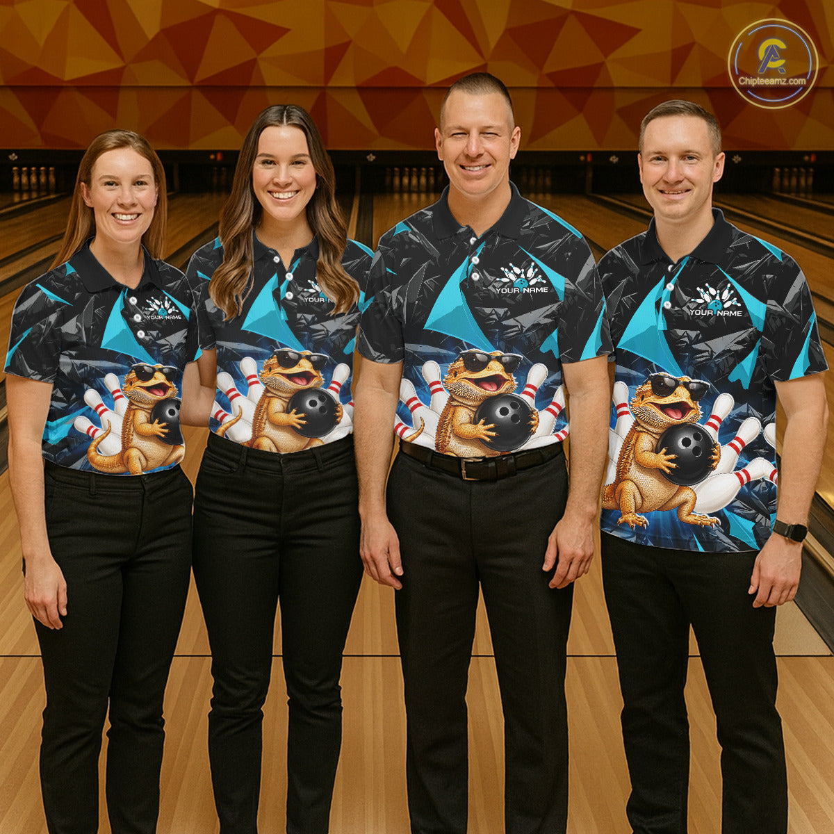 Group of bowlers in turquoise bearded dragon team shirts, personalized bowling uniforms front view.