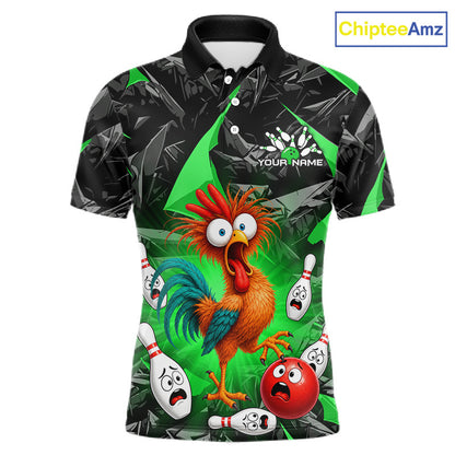 A short-sleeve polo shirt with a black and green geometric pattern, featuring a colorful cartoon rooster and bowling pins on the front. The shirt has a customizable name print on the chest.