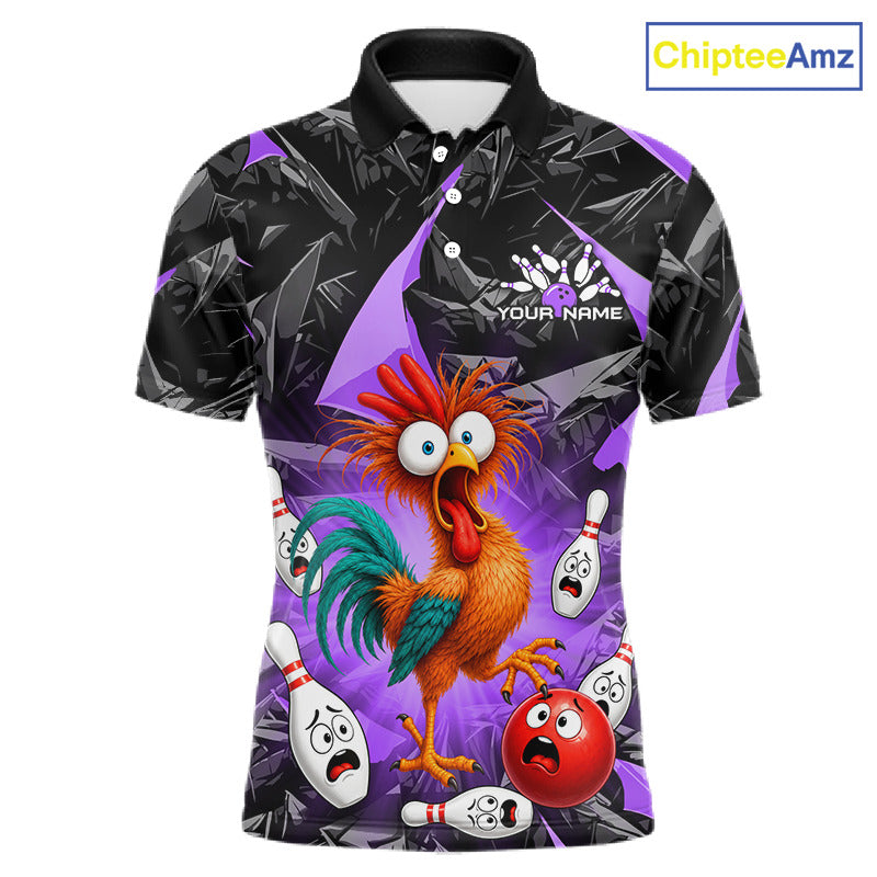A short-sleeve polo shirt with a black and purple geometric background and a colorful cartoon rooster surrounded by bowling pins and bowling balls. The shirt includes a placeholder text 'YOUR NAME' on the chest and a 'ChipteeAmz' watermark in the top right corner.