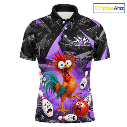 A short-sleeve polo shirt with a black and purple geometric background and a colorful cartoon rooster surrounded by bowling pins and bowling balls. The shirt includes a placeholder text 'YOUR NAME' on the chest and a 'ChipteeAmz' watermark in the top right corner.